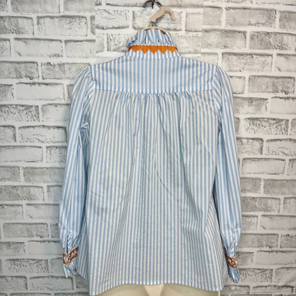 CK Bradley Striped Long Sleeve Blue/ White Blouse Orange Embroidery Women's XS - Picture 6 of 6